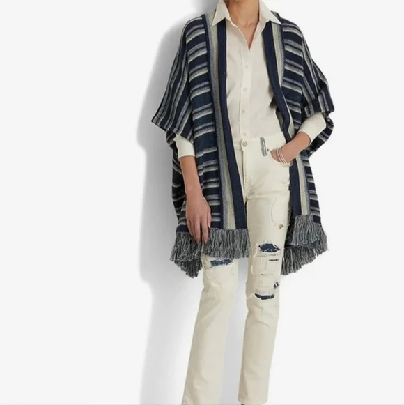 Ralph Lauren LRL Black Label Blue Striped Cotton Fringed Cardigan Size S/M. - Picture 4 of 15